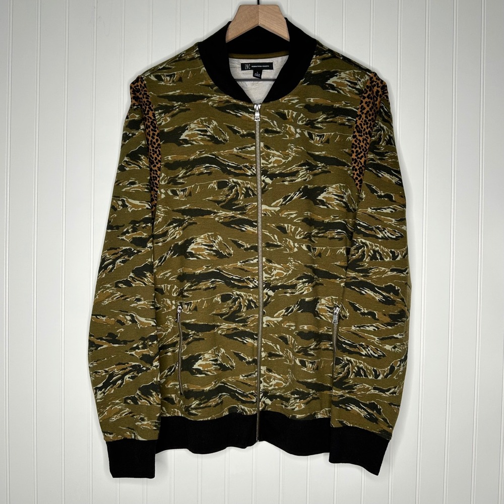 INC Mens Full Zip Sweatshirt L Tiger Camo Leopard Print Olive Streetwear